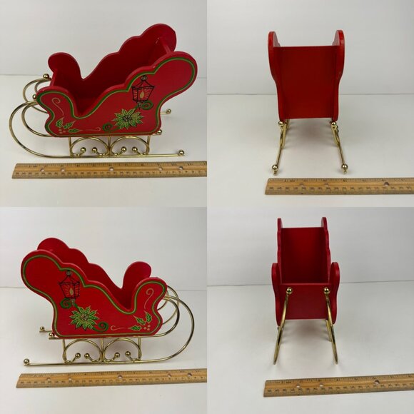 Vtg Christmas Holiday Santa Sleigh Sled Wood Metal Gold Legs Skis Red Green READ - Picture 5 of 11